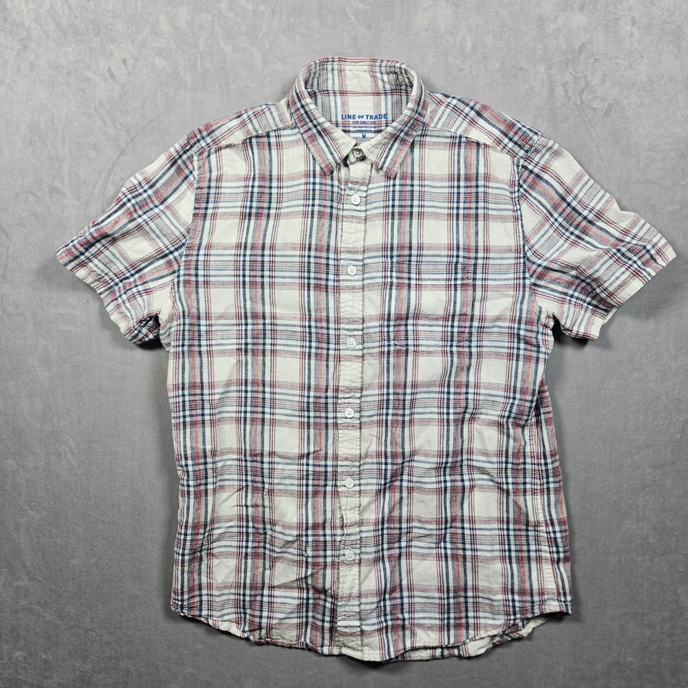 Line of Trade Shirt Mens Medium White Red Blue Linen Blend SS‎ Button Up Pocket